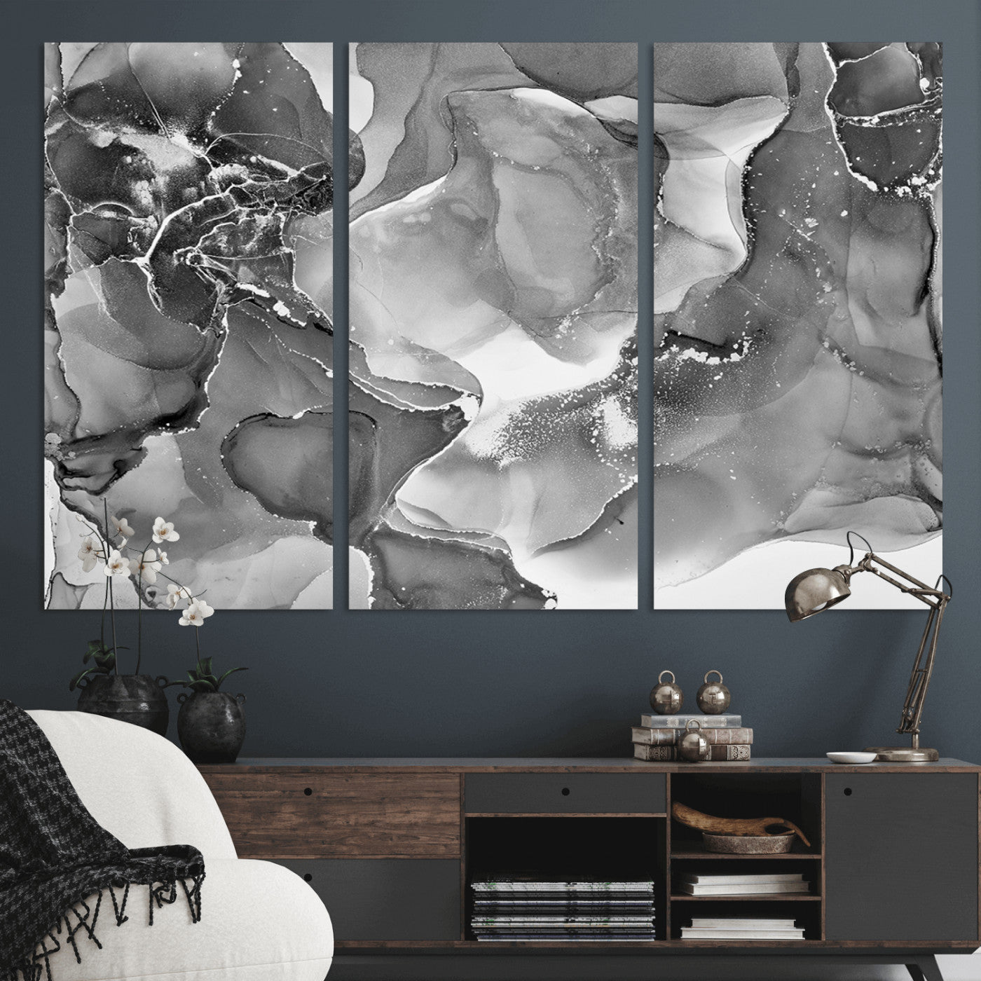MGV-CV-48X32-3P - Black White Abstract Canvas Wall Art - Fluid Ink Artwork - Modern Luxury Wall Decor for Contemporary