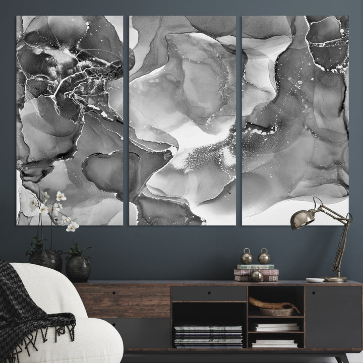 Black White Abstract Canvas Wall Art - Fluid Ink Artwork - Modern Luxury Wall Decor for Contemporary Interiors