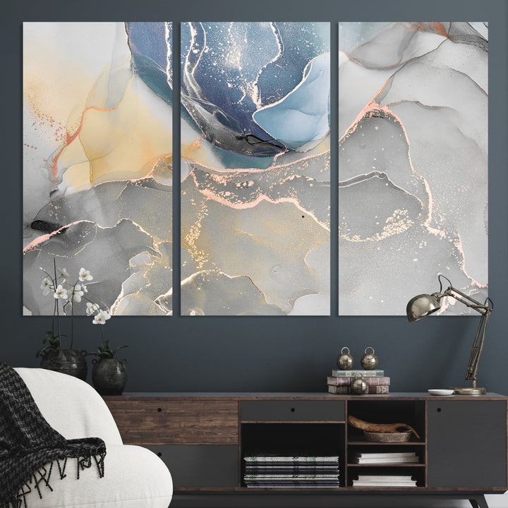 Large Abstract Blue and Gold Canvas Wall Art | Fluid Ink Artwork Print | Luxury Wall Decor for Contemporary Interiors | Framed Blue and Gold