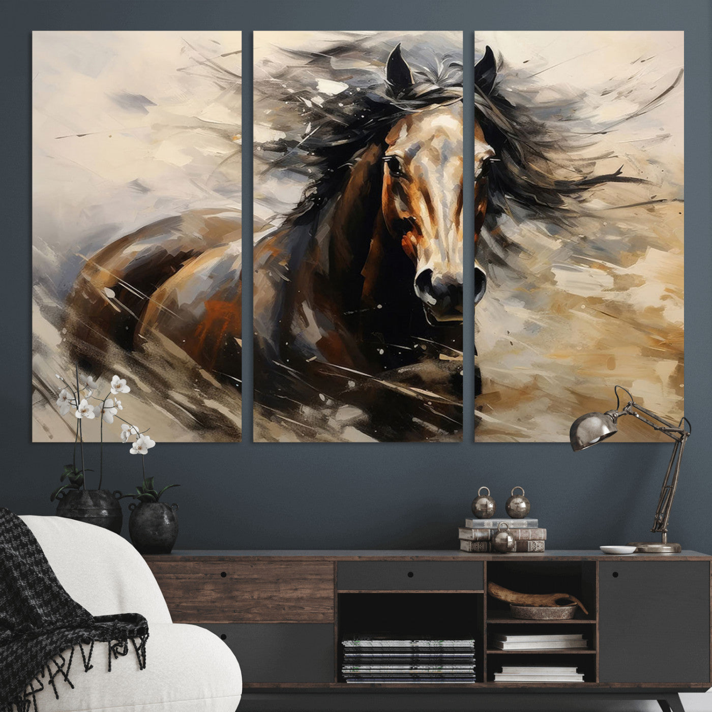 MGV-CV-48X32-3P - Abstract Wall Art Horse Print - Large Western Horse Canvas - Farmhouse Woodland Wall Art - Framed