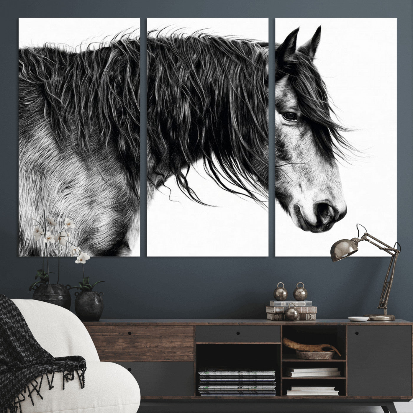 MGV-CV-48X32-3P - Black Horse Wall Art Canvas Print for Farmhouse Decor and Woodland Decoration