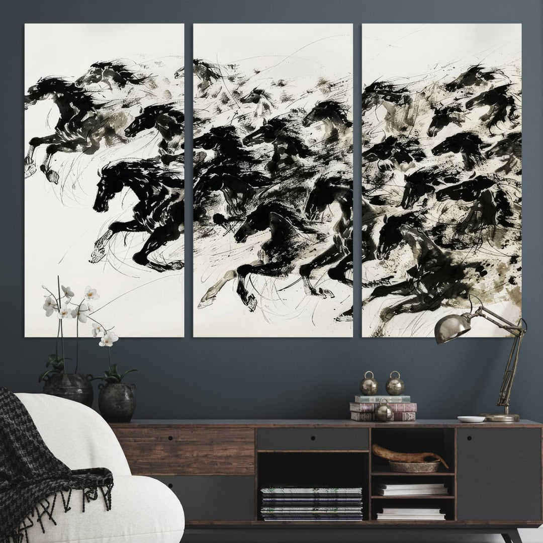 Dynamic Black Ink Horse Print: Modern Equine Wall Decor, perfect for adding an elegant touch to any room.