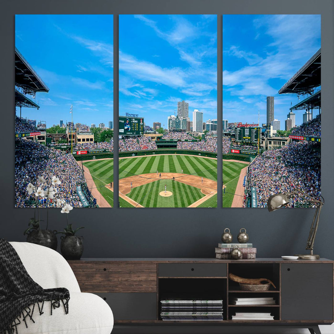 The Wrigley Field Chicago Cubs canvas art, depicting the iconic stadium, is perfect for sports lovers.