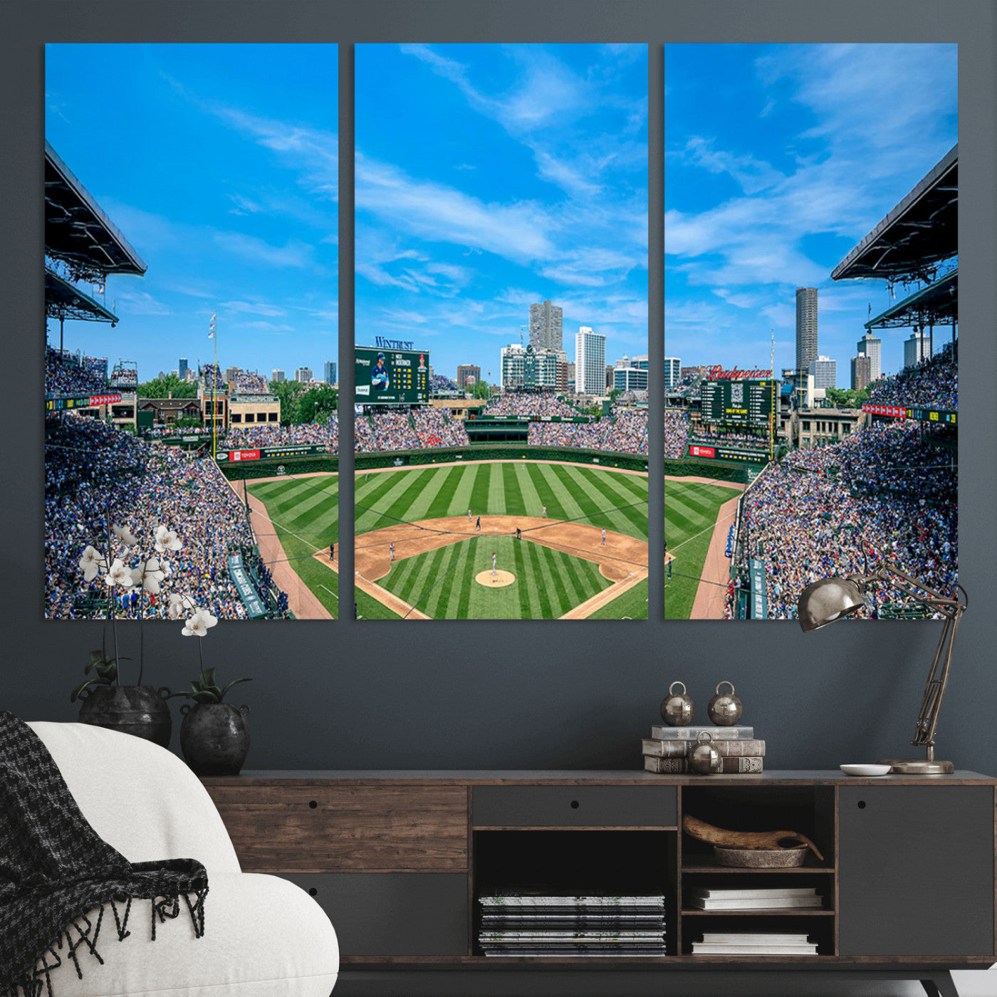MGV-CV-48X32-3P - Wrigley Field Chicago Cubs Panoramic Art Multi Piece Canvas - Iconic Baseball Stadium Print for