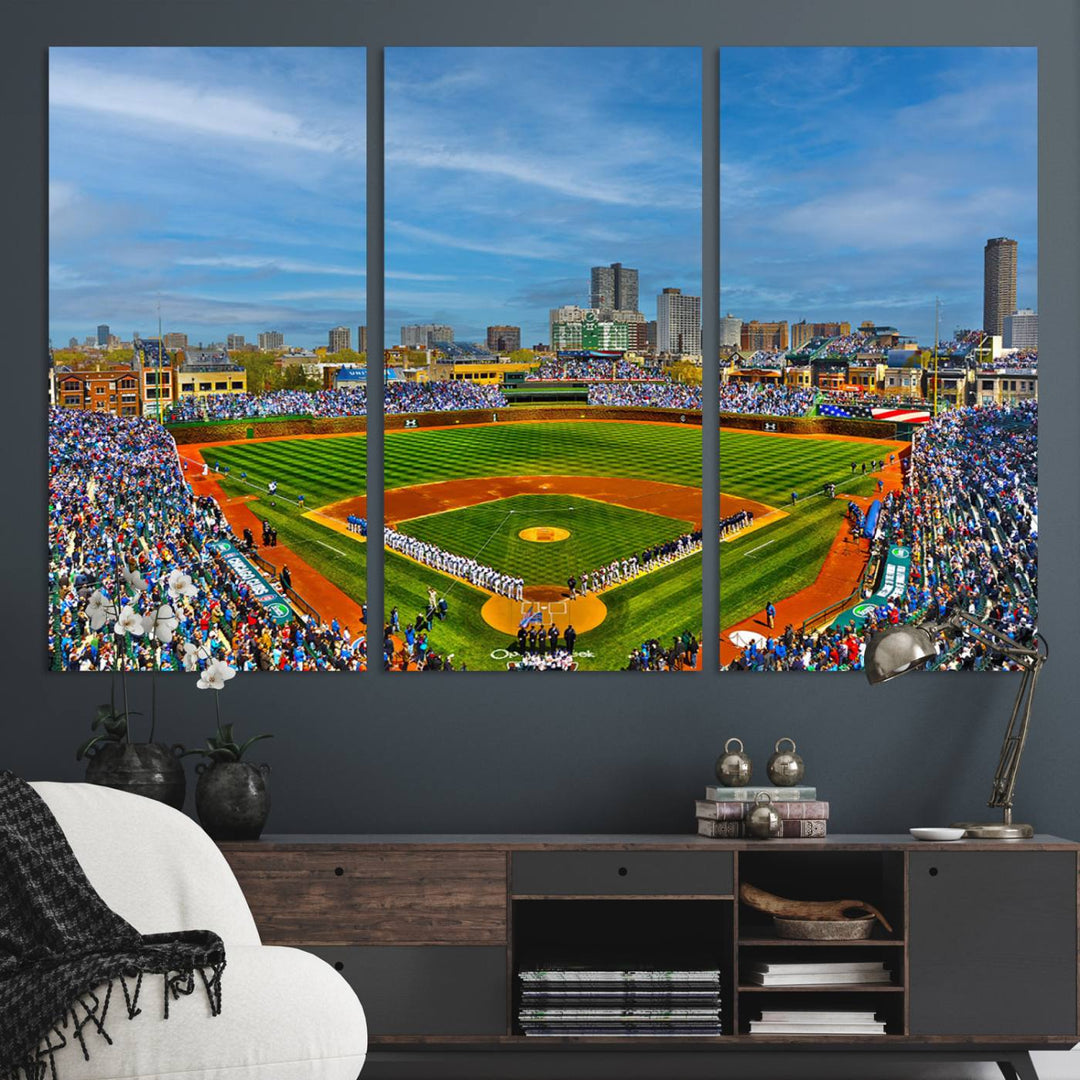 The Wrigley Field Cubs Panoramic Canvas Art hangs prominently in the modern living room.