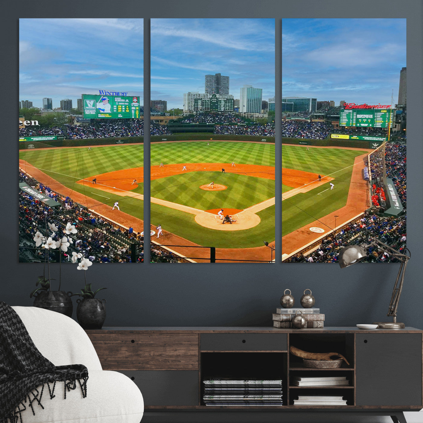 MGV-CV-48X32-3P - Wrigley Field Chicago Cubs Panoramic Multi Piece Canvas Wall Art - Iconic Baseball Stadium Print for