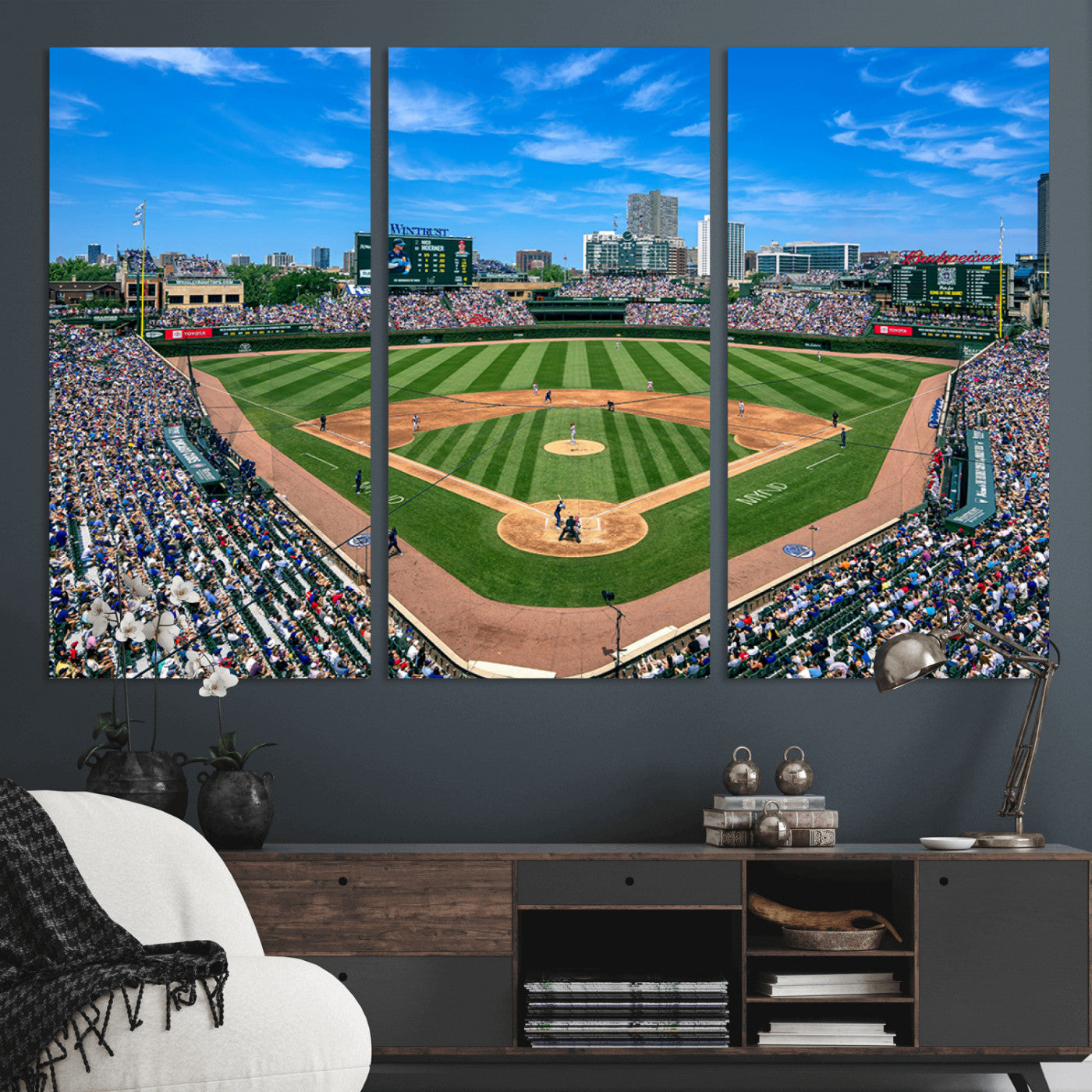 26064-MGV-CV-30X20-Framed Wrigley Field Chicago Cubs Print, Panoramic Multi Piece Canvas Wall Art - Iconic Baseball Stadium Print for Sports Lovers - Ready to