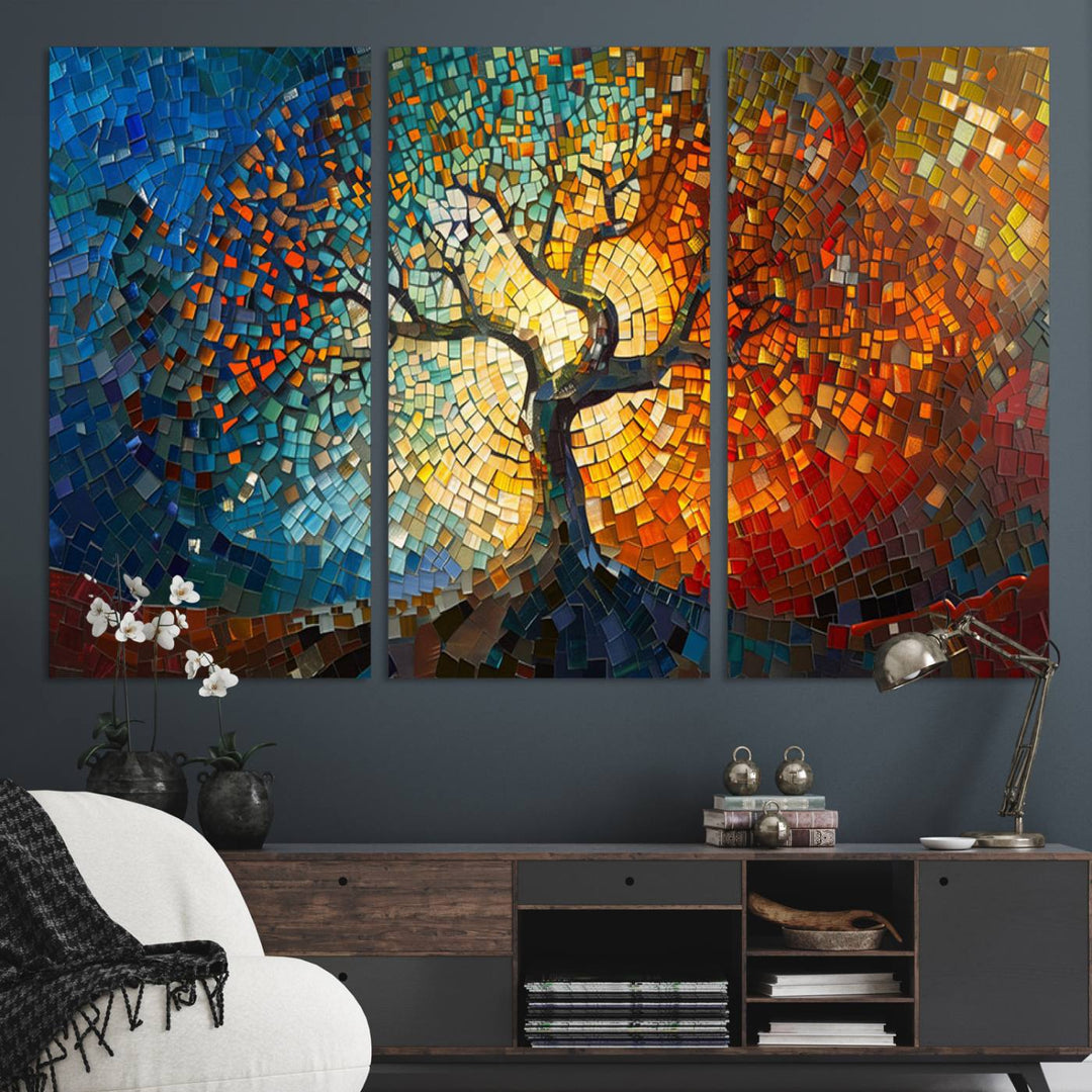 Mosaic Tree Canvas Wall Art: A stunning stained glass-inspired Tree of Life featuring blue and orange swirling patterns reminiscent of a sunburst.