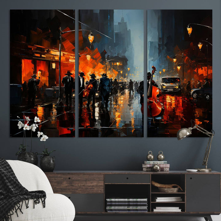 Framed Abstract Music Canvas: Jazz musicians on a rainy city street at night, with warm lights reflecting on wet pavement.