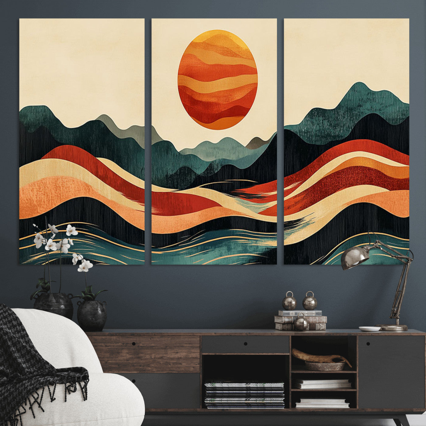 MGV-CV-48X32-3P - Mountain Triptych Wall Art - Western Nature Prints - Framed Boho Pine Tree Canvas for Log Cabin or