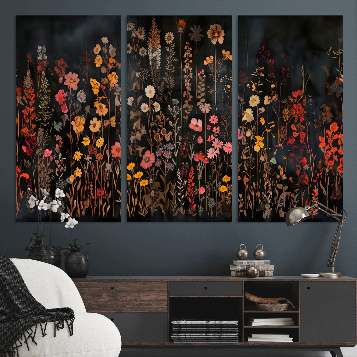 MGV-CV-48X32-3P - Dark Floral Canvas Wall Art - Moody Botanical Flower Print - Rustic Floral Wall Decor for Home -