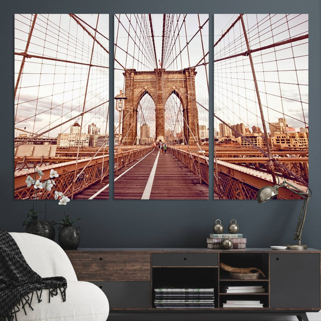 The three-panel "Wall Art New York Manhattan Cityscape Canvas Print" of the Brooklyn Bridge makes an ideal addition to minimalist interiors, capturing the essence of abstract expressionism.