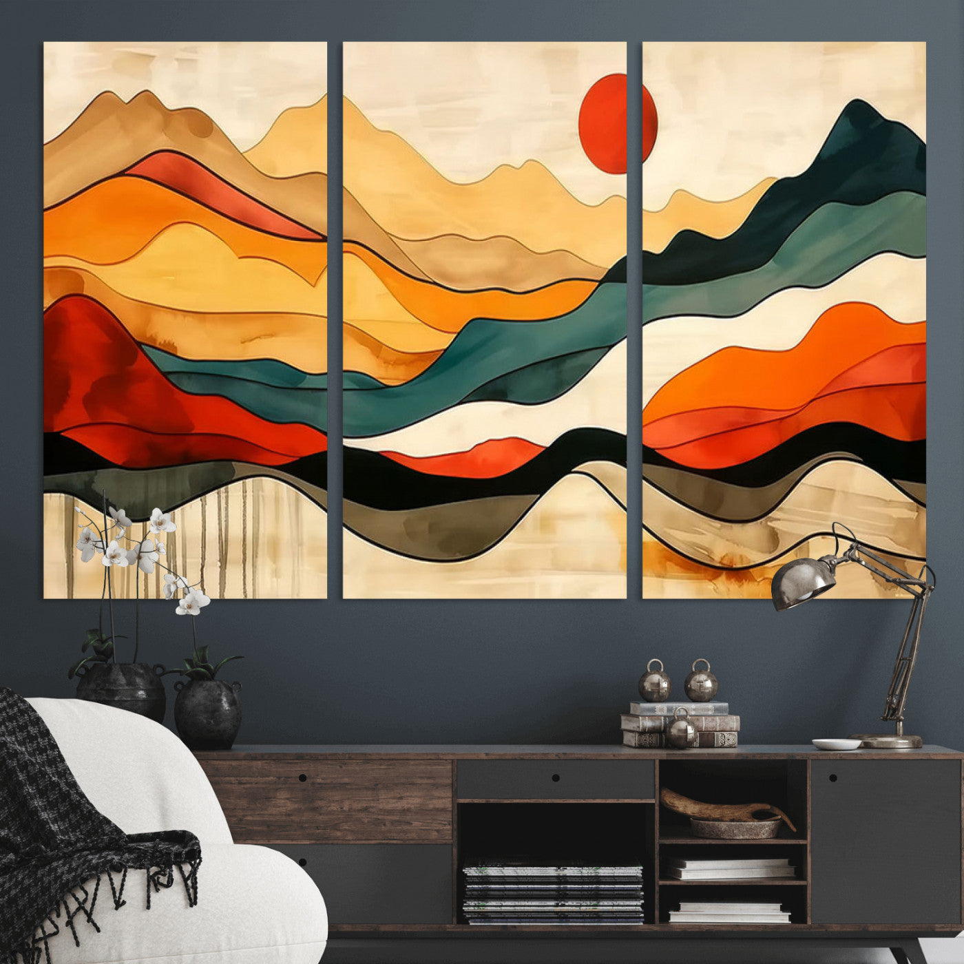 MGV-CV-48X32-3P - Mid Century Wall Art Print  - Abstract Woodland Print - Modern Art Panoramic Mountain Wall Art