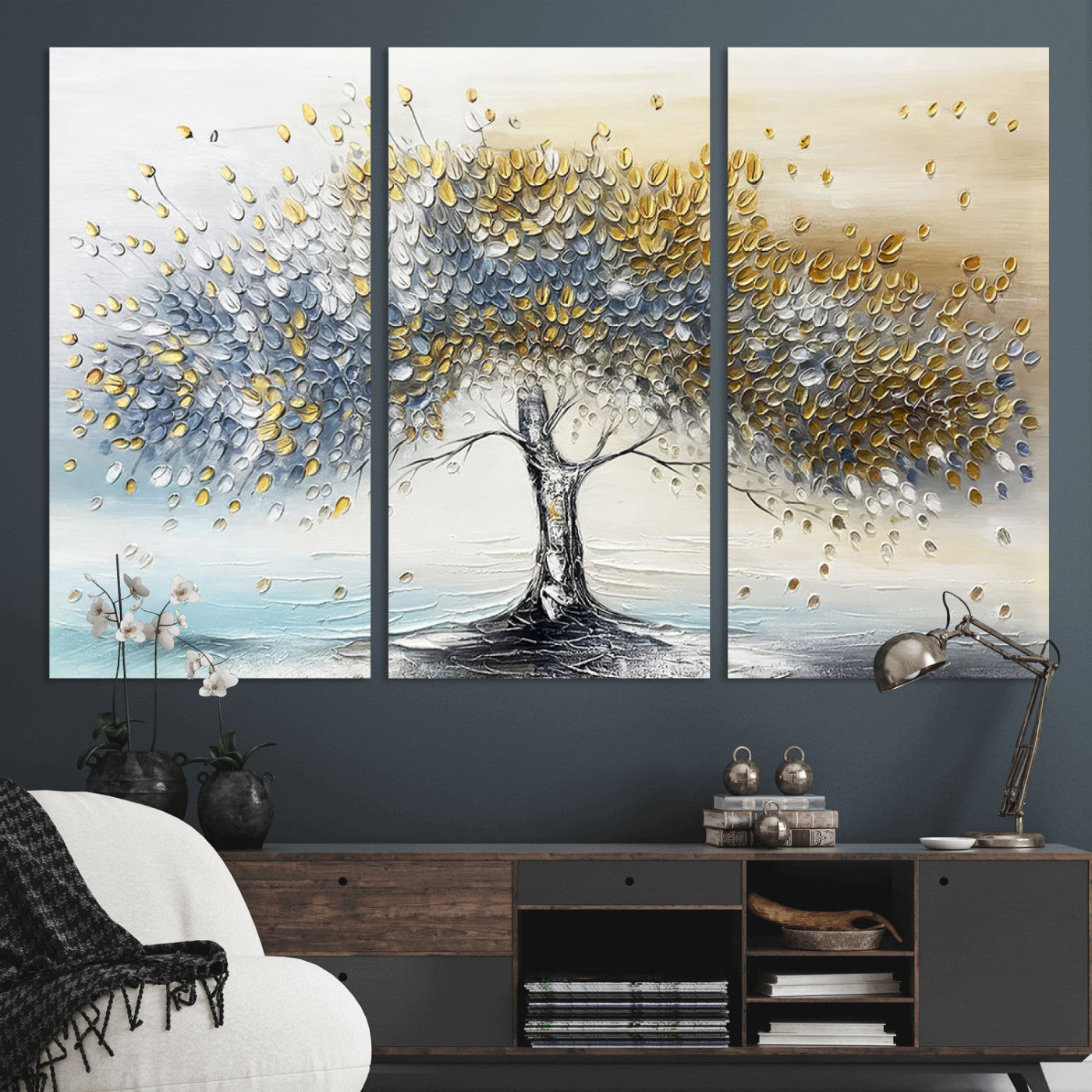 An elegant impasto painting featuring a tree with shimmering silver and gold leaves, blending soft pastels to create a calm and sophisticated atmosphere.