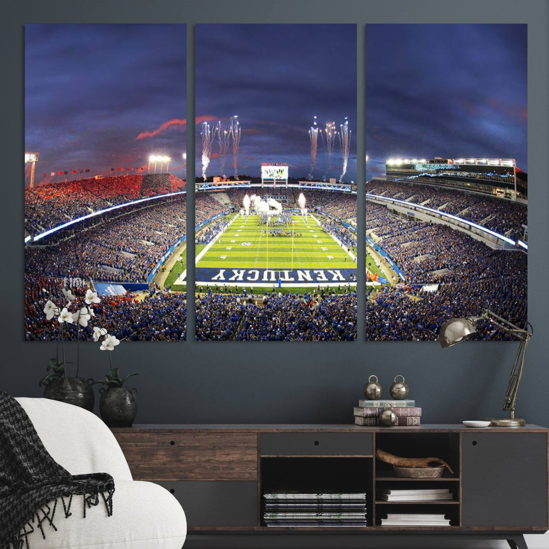 A filled stadium at dusk and fireworks overhead are beautifully captured in the Kroger Field Canvas Wall Art - Sunset Football Stadium Decor.