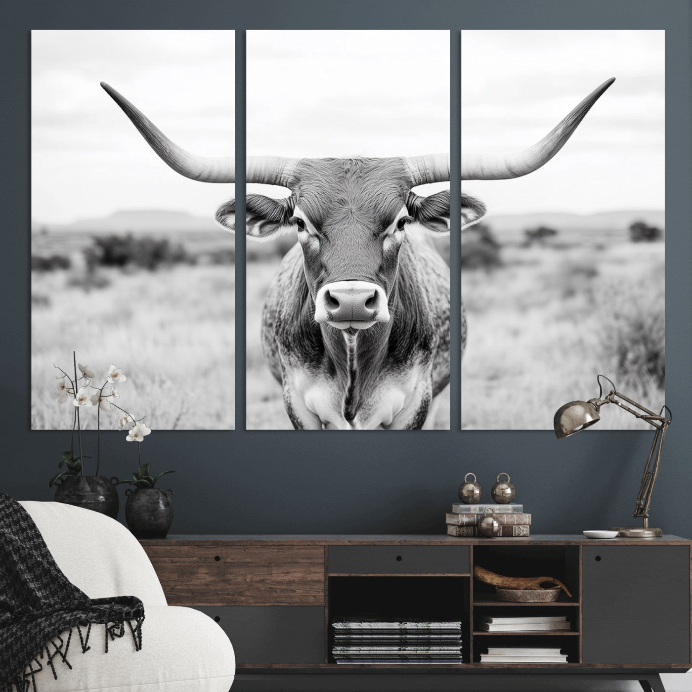 MGV-CV-48X32-3P - Highland Cow Wall Art Print - Black and White Texas Western Longhorn Canvas - Farmhouse Decor Print
