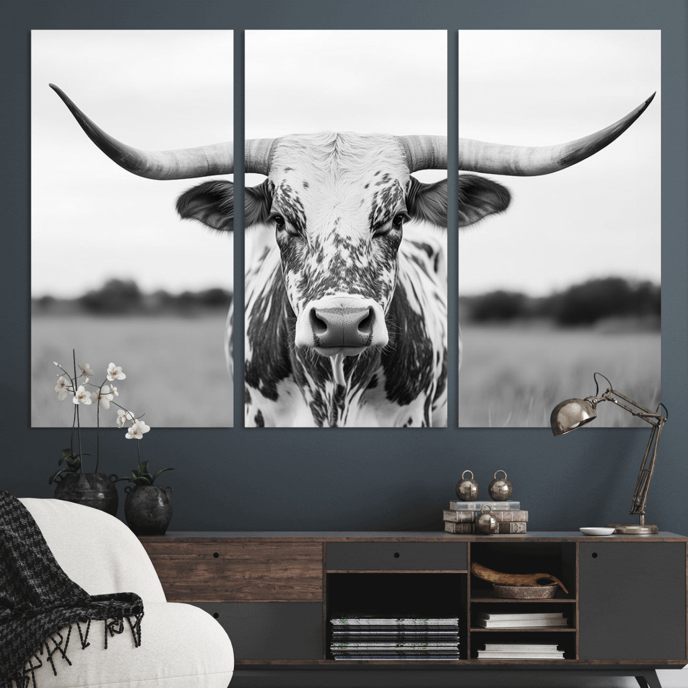 MGV-CV-48X32-3P - Highland Cow Wall Art - Black and White Western Longhorn Canvas Print - Farmhouse Living Room Decor