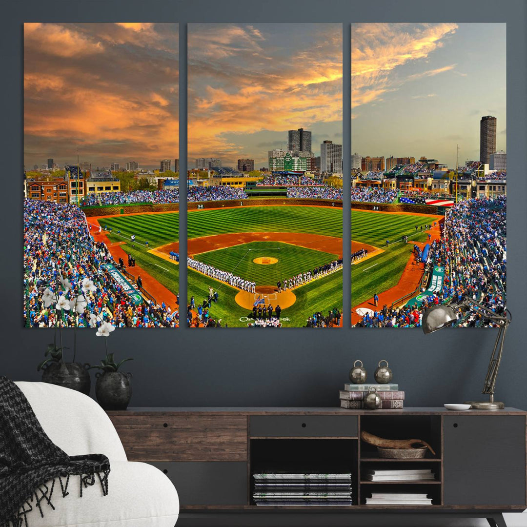 Aerial view of Wrigley Field at sunset against a vibrant sky, creating the perfect Chicago Wrigley Field Canvas Wall Art.