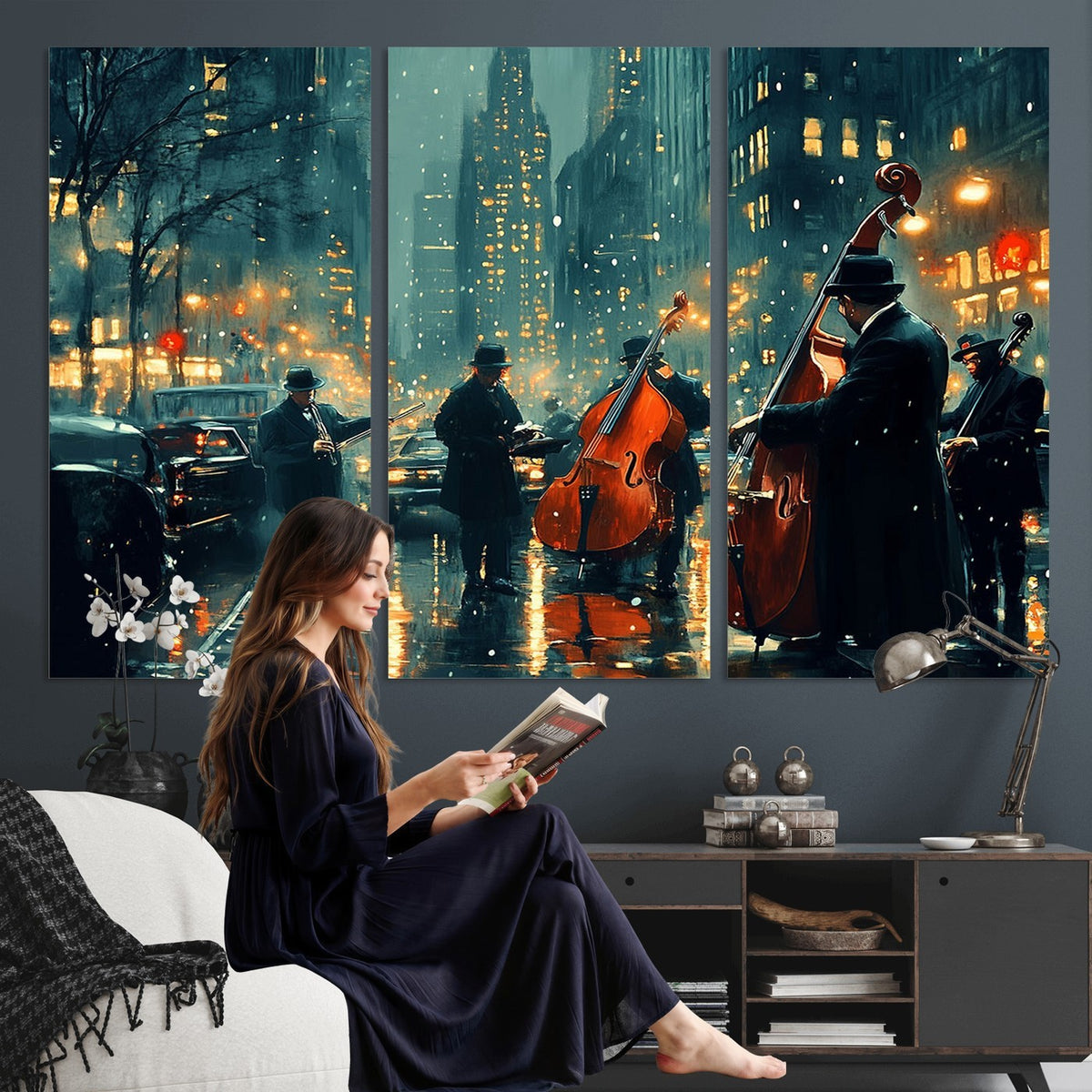 53391-MGV-CV-24X16 - Urban Night Jazz Wall Art Canvas Print | Moody Rain Soaked City Street Band Scene