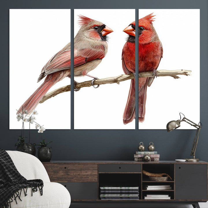 The Cardinal Bird Canvas Wall Art showcases two cardinals on a branch.