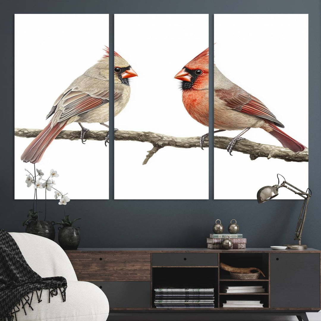 A Cardinal Canvas Wall Art print of cardinals on a branch hangs prominently.