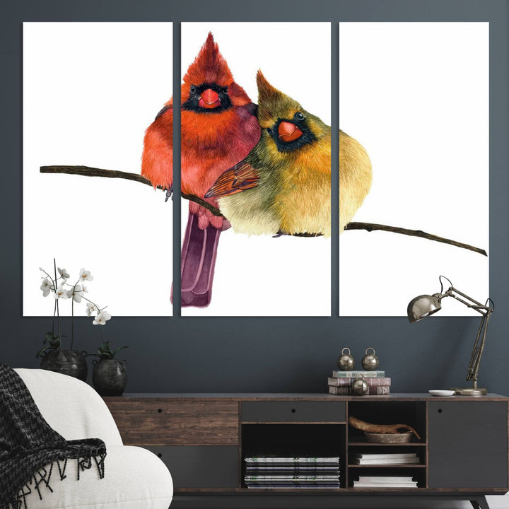 The Cardinal Bird Canvas Wall Art showcases vibrant male and female cardinals, capturing the beauty of nature in vivid detail.