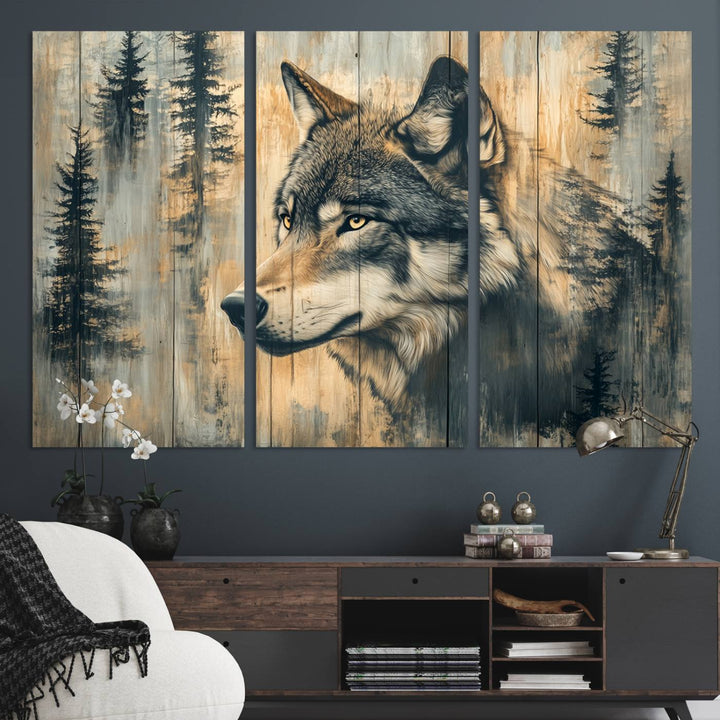 A Wood Style Rustic Wolf Wall Art Canvas Print adorns the kitchen.