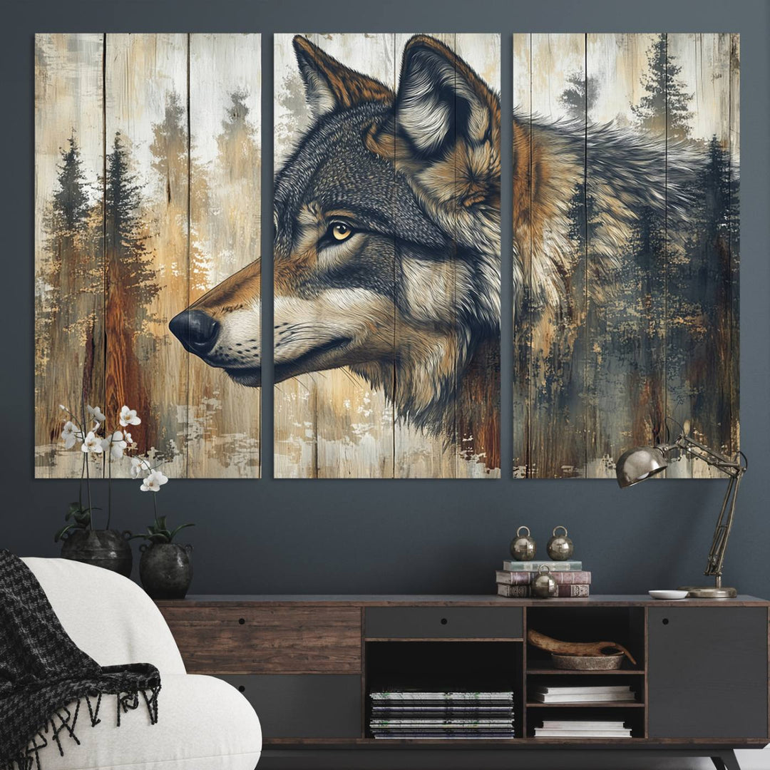 A kitchen dining area features Rustic Wolf Wall Art.