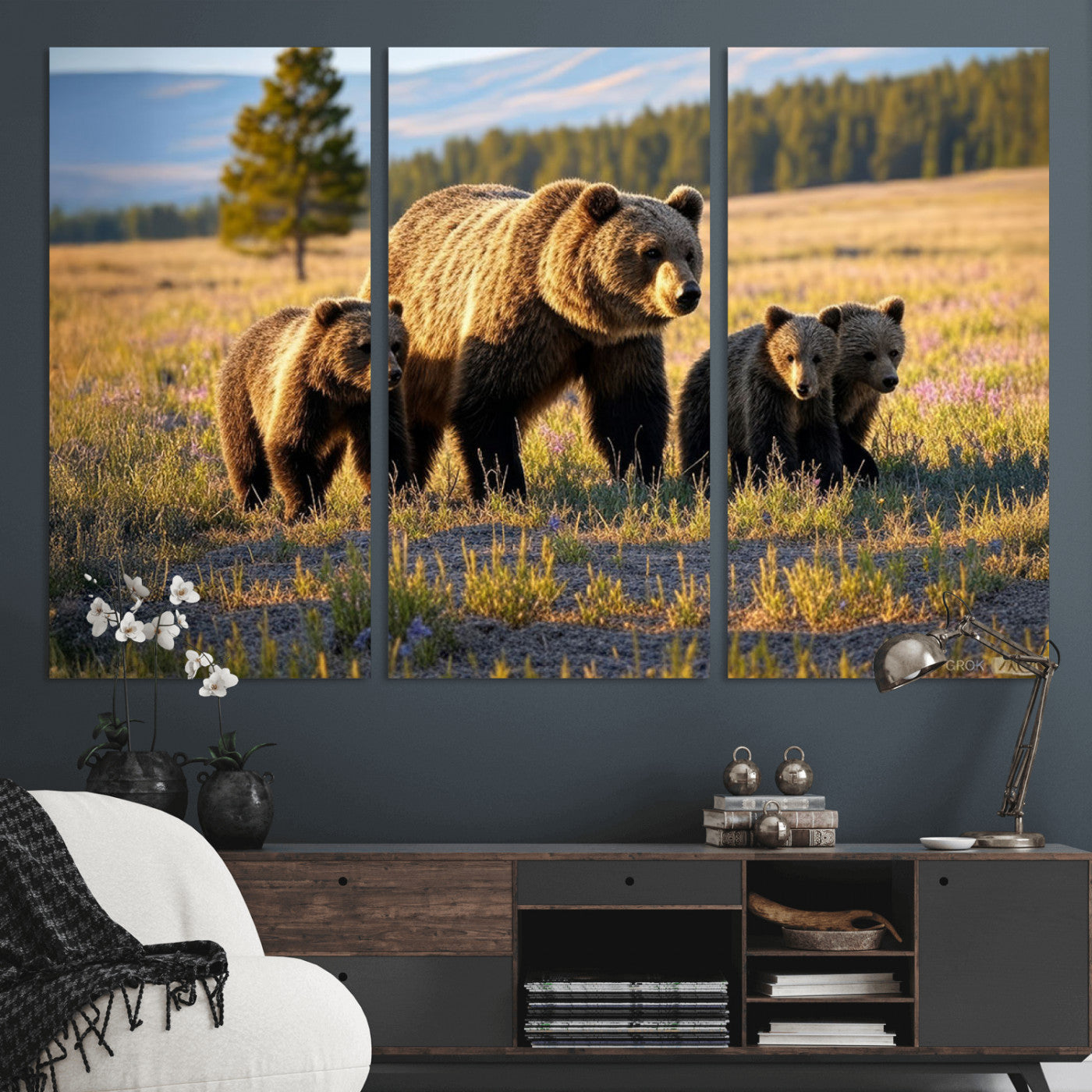 MGV-CV-48X32-3P - Grizzly 399 in Wild Flowers Wall Art Canvas Print, Grizzly Bears Wall Art, Queen of Grand Teton
