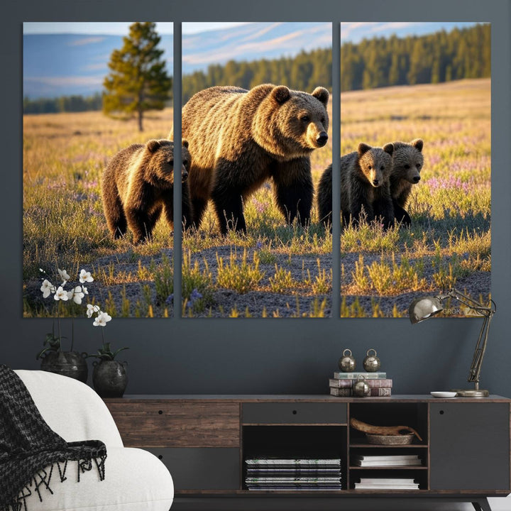 The Grizzly 399 in Wild Flowers wall art canvas print.