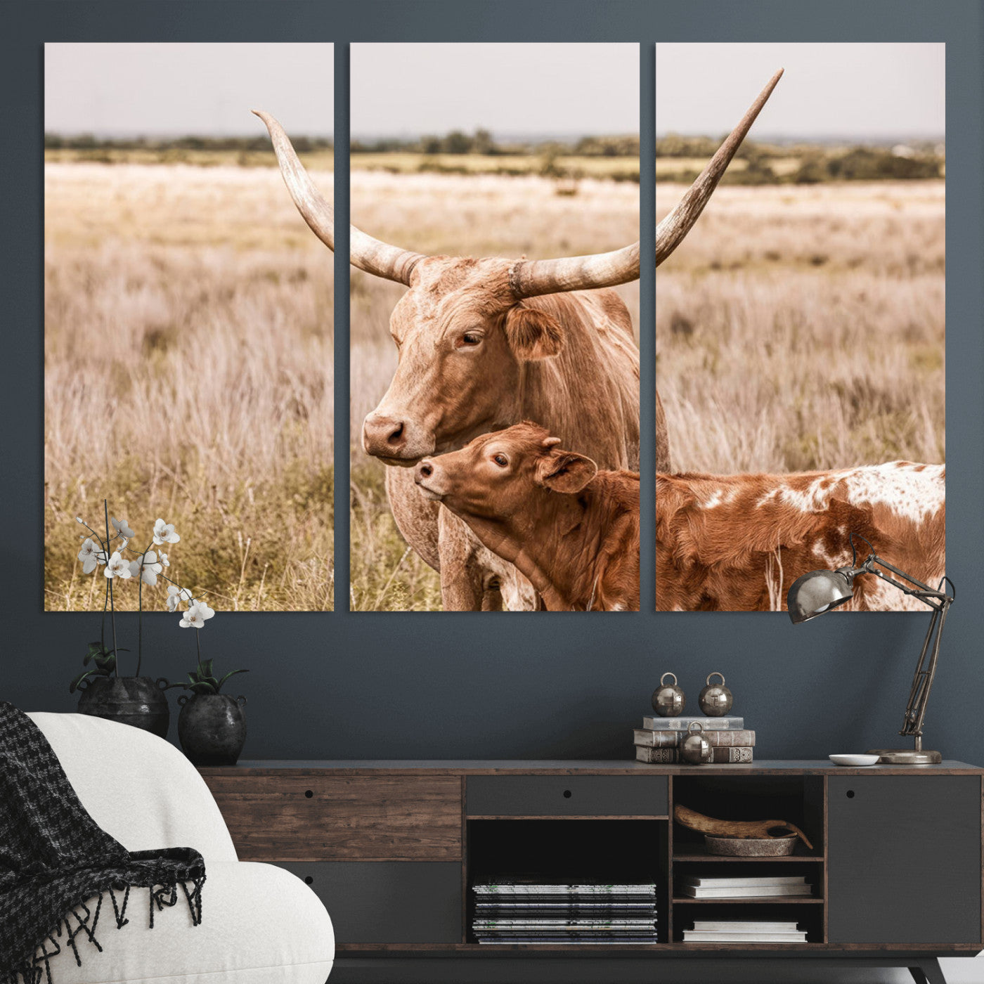 MGV-CV-48X32-3P - Texas Longhorn Cow Wall Art Canvas Print for Farmhouse Wall Art, Texas Decor, Western Wall Art Print