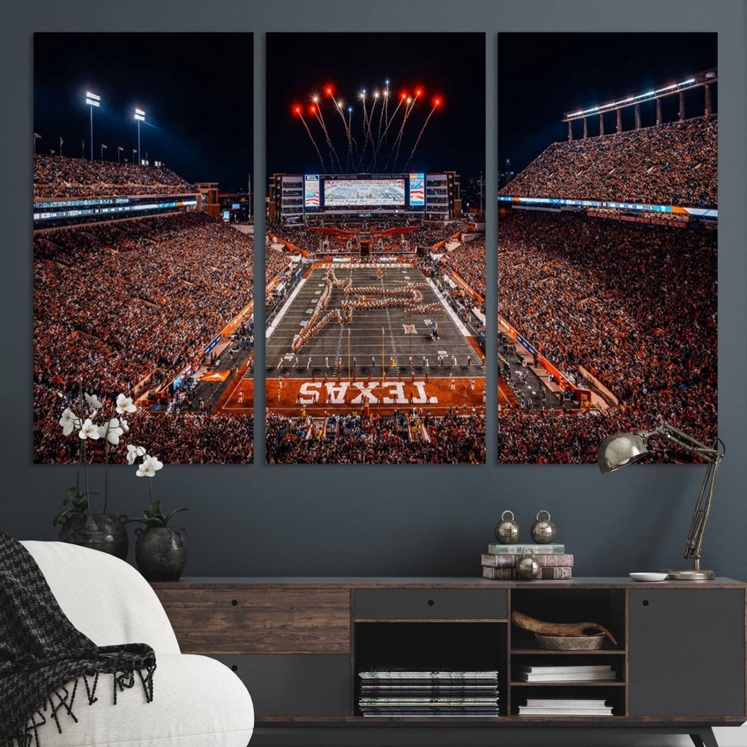 A Texas Memorial Stadium canvas print with fireworks embellishes the modern living room.