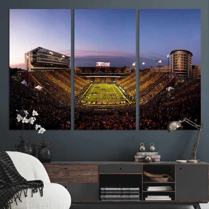 The Iowa Hawkeyes Kinnick Stadium Wall Art Canvas Print captures a sunset scene, making it perfect for display on a wall.