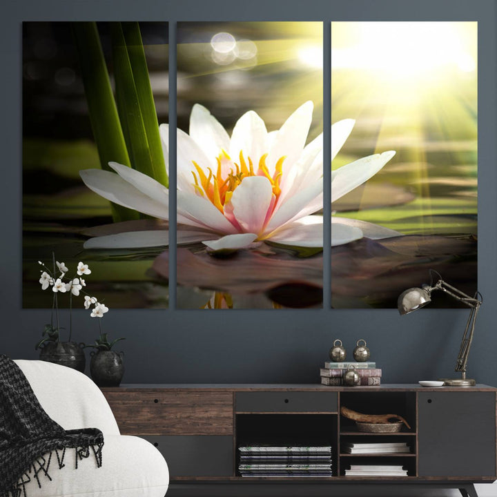 The Lotus Flower Wall Art Canvas Print showcases a white water lily with a yellow center floating gracefully in sunlight.