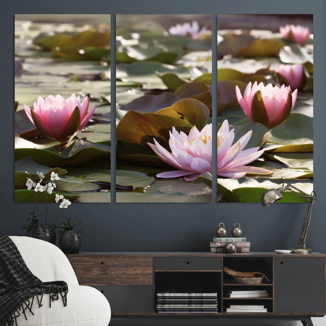 The dining room features the Water Lily Large Canvas Print.