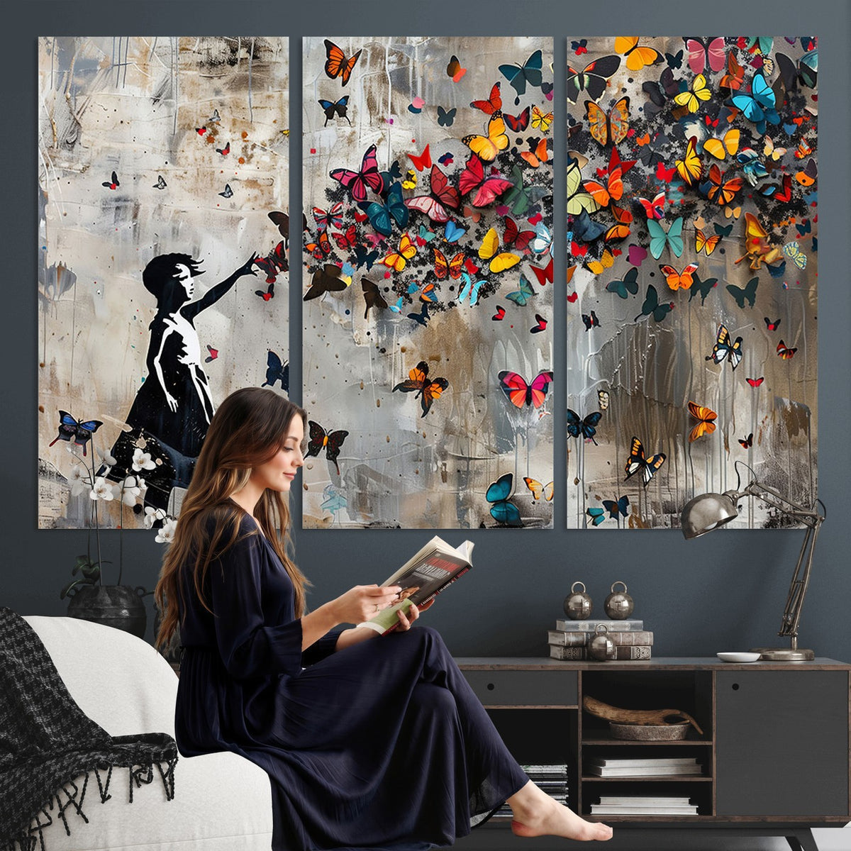 51446D-MGV-CV-24X16 - Banksy Butterfly Girl Wall Art | Modern Graffiti Canvas Print, Street Art Decor