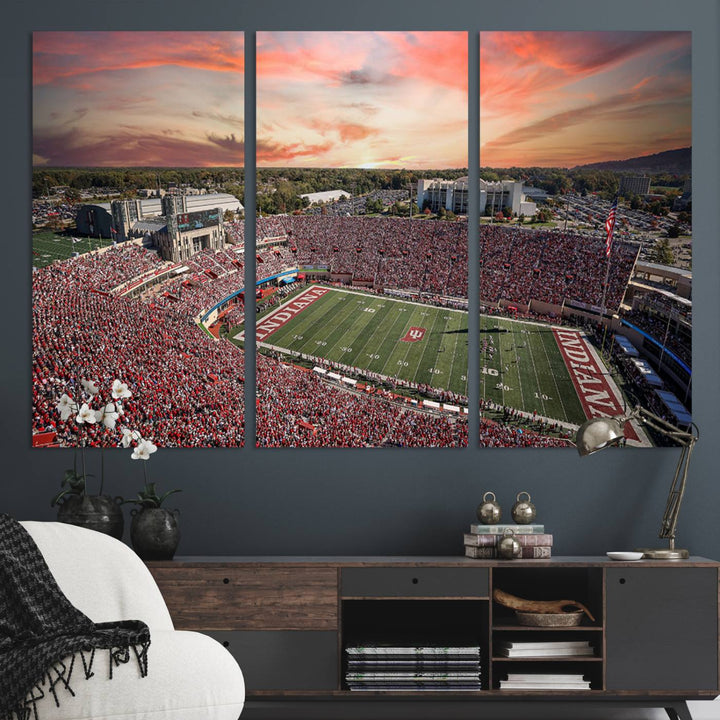 Gallery-quality Indiana Memorial Stadium Wall Art Canvas: A stunning view of the stadium at sunset.