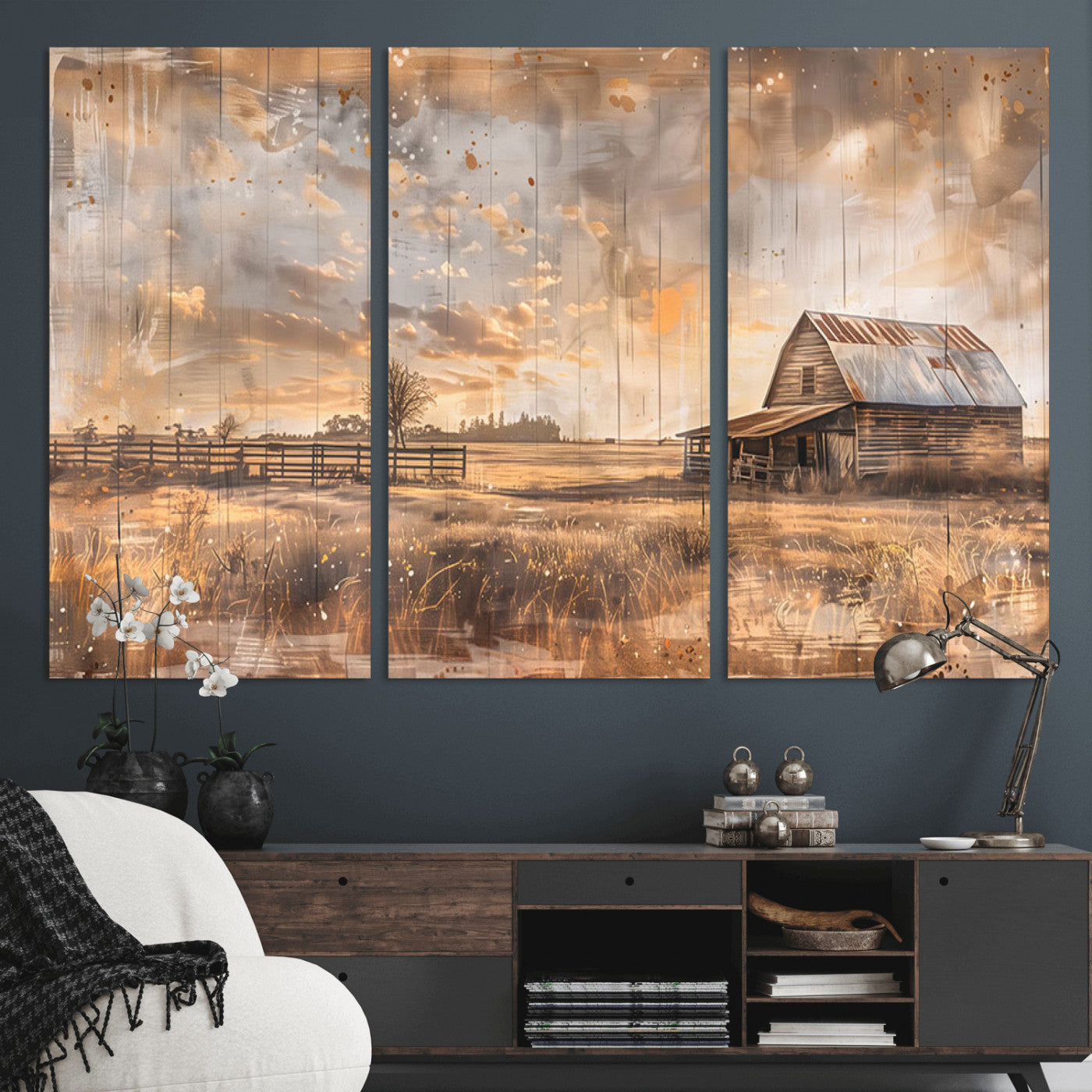 MGV-CV-48X32-3P - Rustic Farmhouse Wall Art Canvas Print | Barn and Field Canvas Print | Vintage Country Landscape