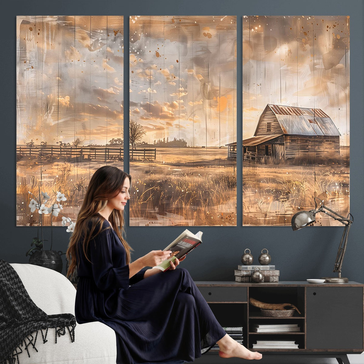 FARM2-MGV-CV-24X16 - Rustic Farmhouse Wall Art Canvas Print | Barn and Field Vintage Country Landscape