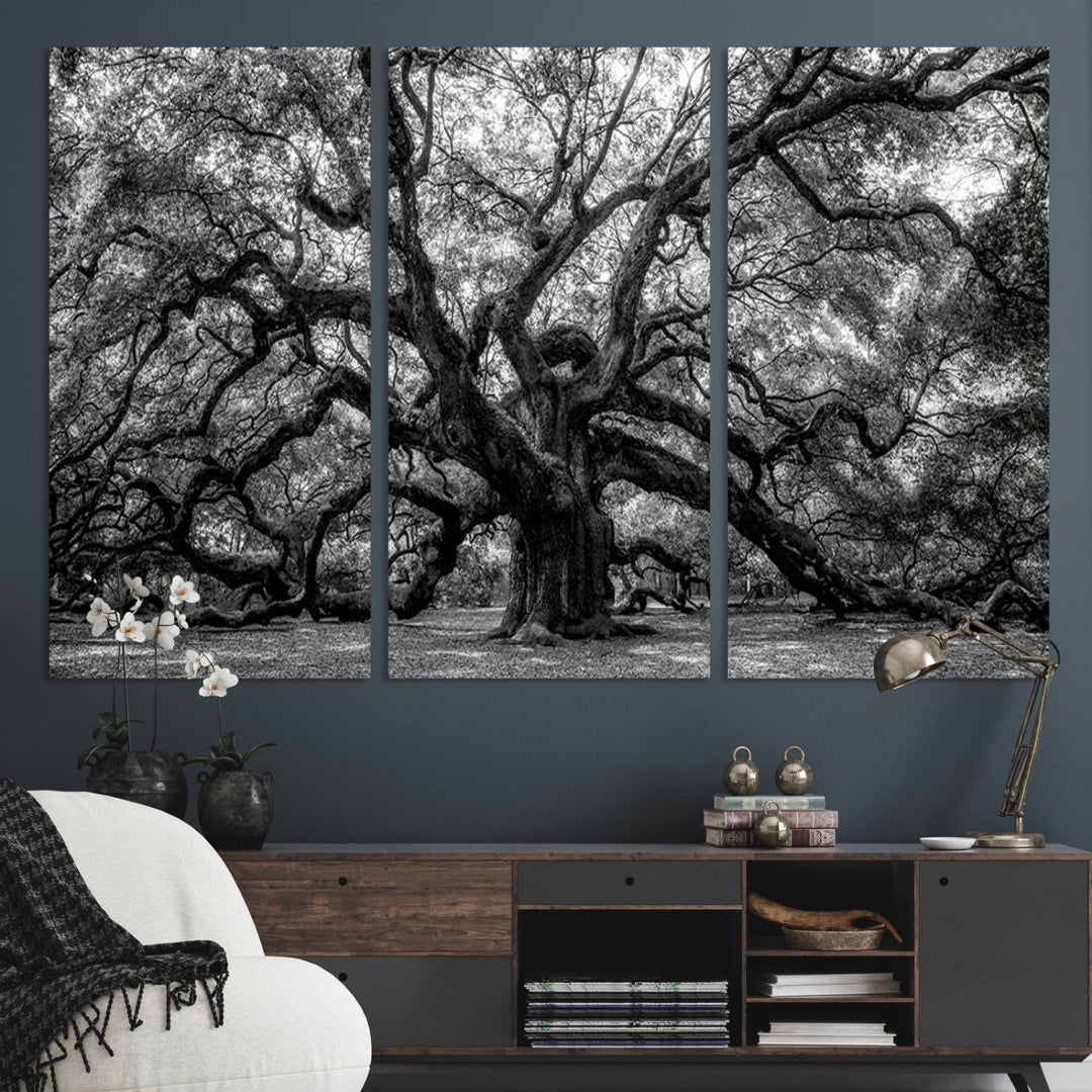 The Black and White Old Angel Oak Tree Canvas Print enhances the modern dining room.