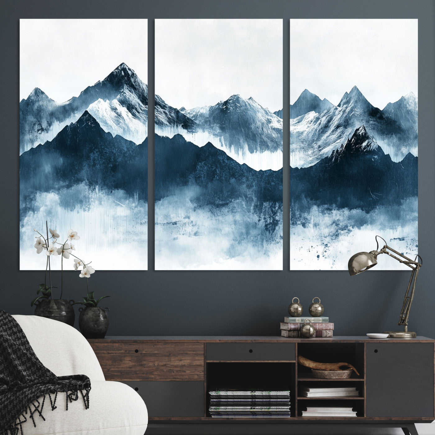 Abstract blue-toned canvas of snowy mountains in misty tones, ideal for minimalist or moody alpine-inspired home decor.