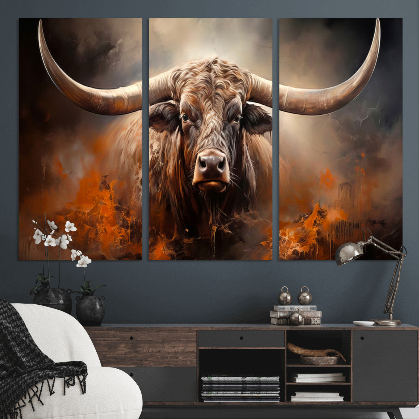 MGV-CV-48X32-3P - Highland Bull Canvas Abstract Canvas Wall Art Print – Powerful Highland Bull with Striking Horns in