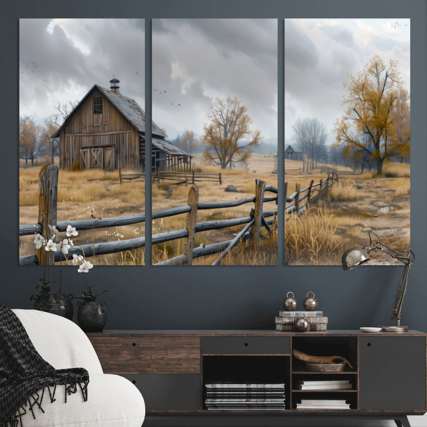 MGV-CV-48X32-3P - Rustic Autumn Farmhouse Wall Art Canvas Print – Serene Countryside Scene with Weathered Barn and