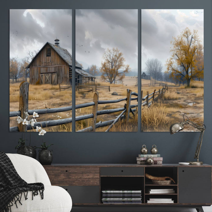 Rustic Autumn Farmhouse Wall Art – Weathered Barn & Trees Canvas Print, featuring a serene scene with birds in the sky. This piece is ready to hang.