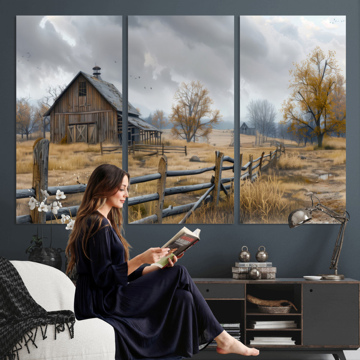 Farm1-MGV-CV-36X24 - Rustic Autumn Farmhouse Wall Art Canvas Print | Serene Countryside with Weathered Barn