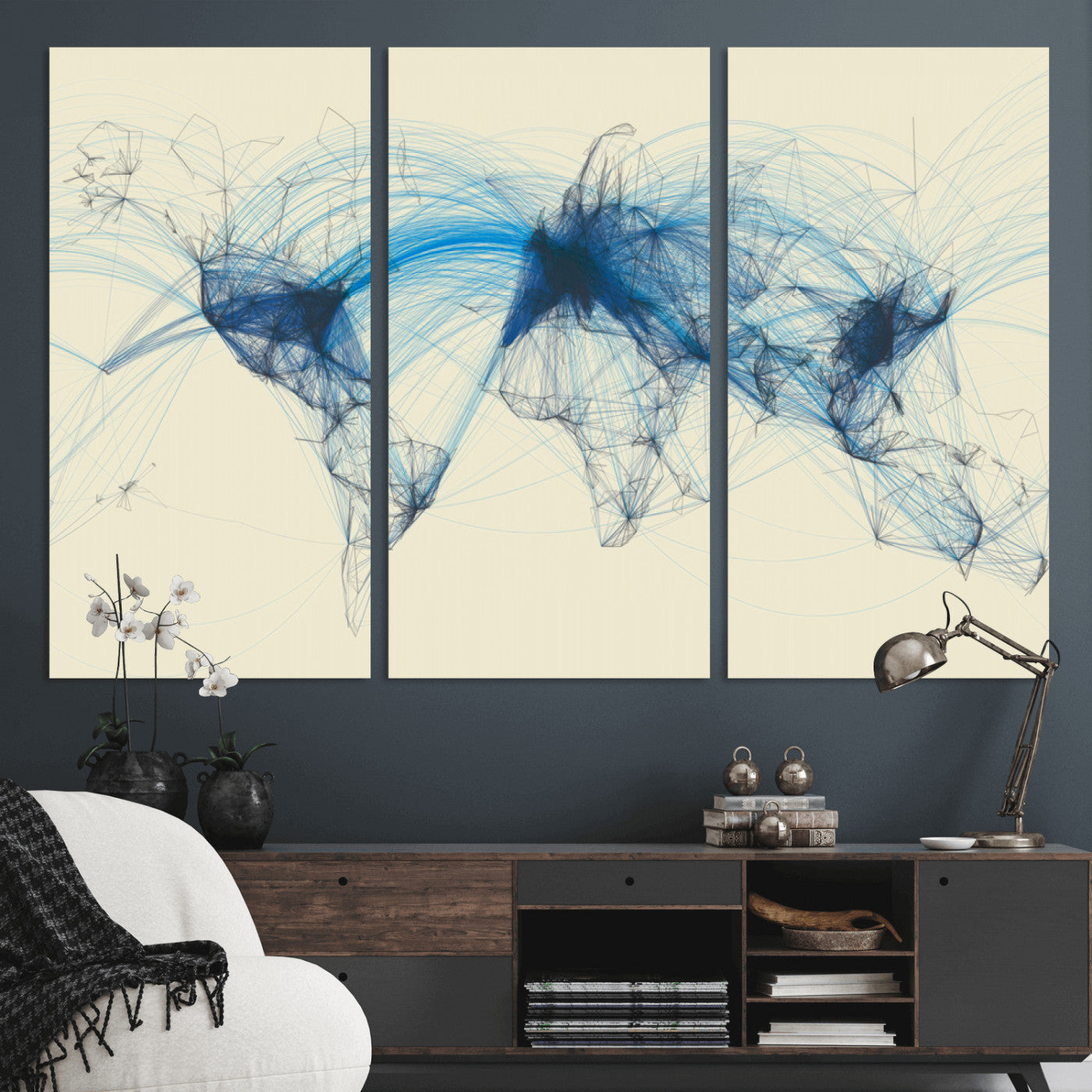MGV-CV-48X32-3P - Flight Routes Map art Air Traffic Avi World Map with Blue Connections Canvas Wall Art – Modern