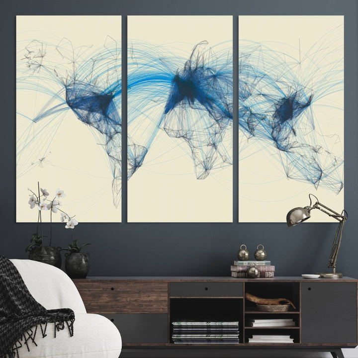 Flight Routes Map: Air Traffic Avi World Map featuring blue lines symbolizing global data. Ideal for home decor and ready to hang.