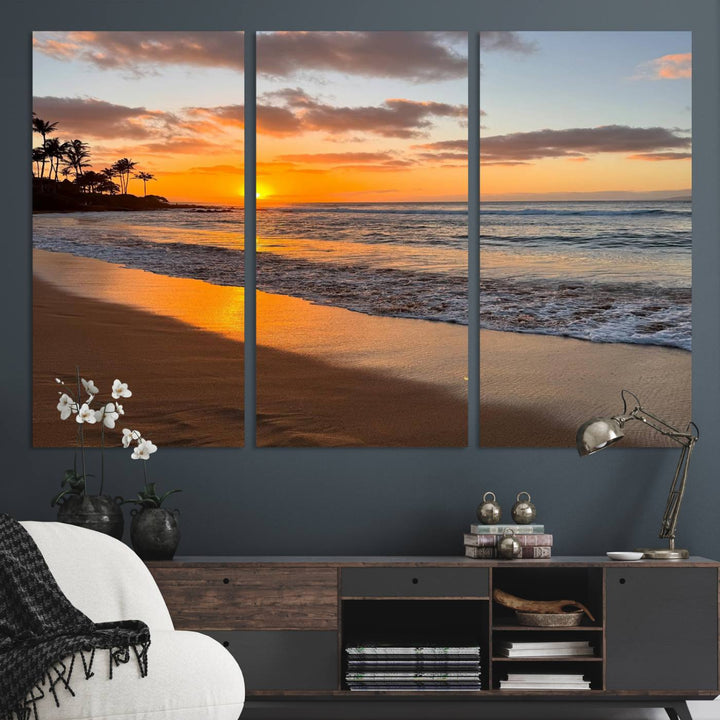 Sunset Wall Art Print featuring a beach sunset with waves and palms, perfect for coastal decor.