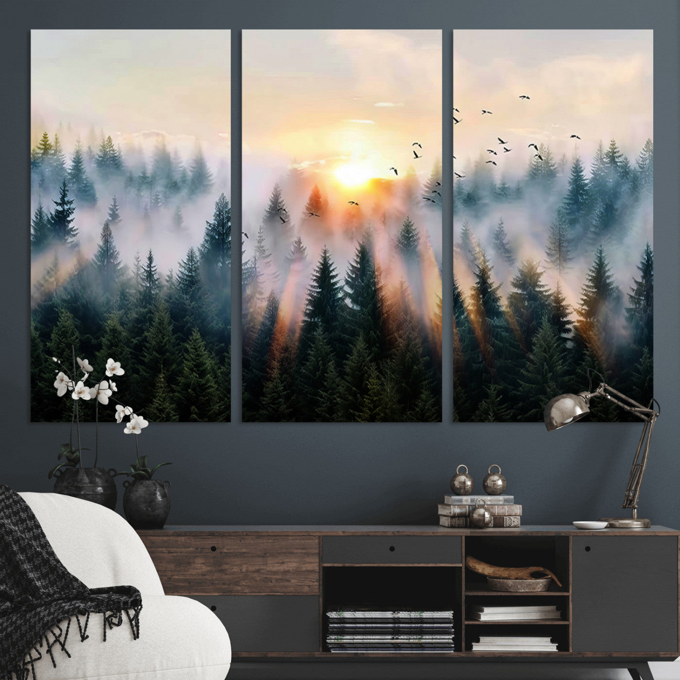 MGV-CV-48X32-3P - Abstract Forest Wall Art - Serene Nature Canvas Print with Misty Forest Design for Modern Home or