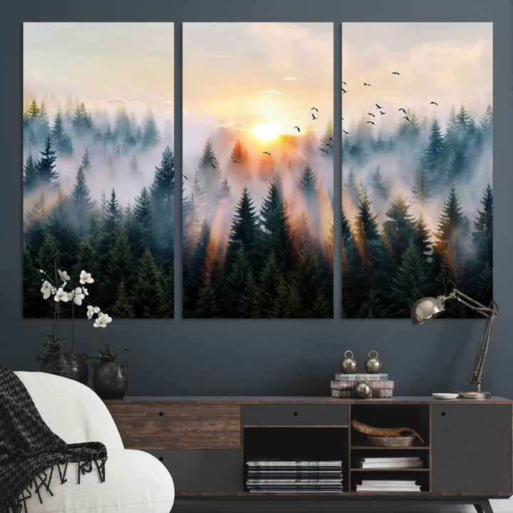 Sunrise over a misty forest with rays filtering through trees in the Abstract Forest Wall Art featuring soaring birds.